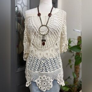 WoWo Cream Bohemian Crochet Doily Pullover Tunic Top | Size L